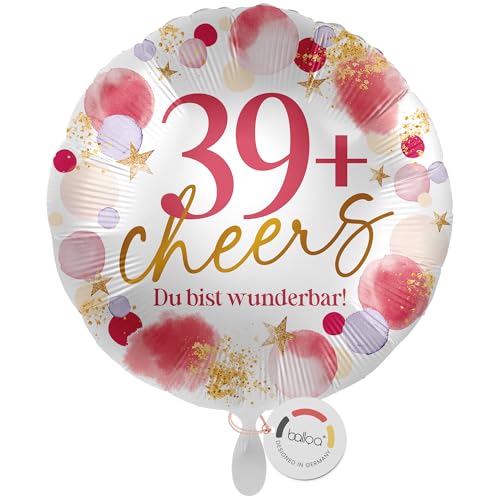 balloa Folienballon XXL 39+ Cheers Du bist wunderbar, großer Heliumballon zum Geburtstag für Frauen mit Zahl 39plus, lustige Deko oder Geschenkidee, befüllbar mit Helium oder Luft, 53cm von balloa