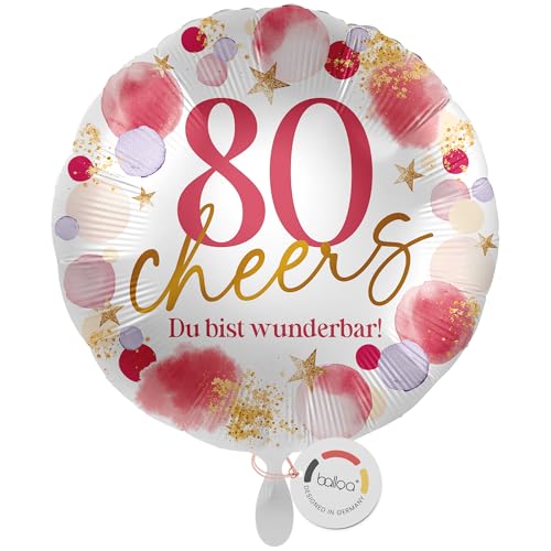 balloa Folienballon XXL 80 Cheers Du bist wunderbar, großer runder Helium Ballon für Frauen zum achtzigsten Geburtstag, Zahl 80 als Geschenk oder Partydeko, befüllbar mit Luft oder Helium, 53cm von balloa