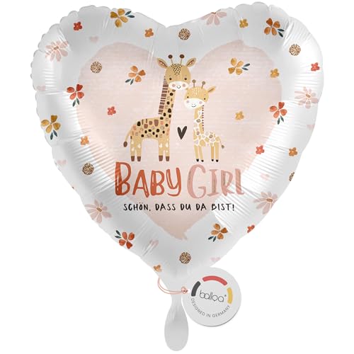 balloa Folienballon XXL Baby Girl Herz Luftballon, Geburt Mädchen, Giraffe Motiv, Helium Ballon, Geschenk zur Geburt, Babyparty Deko, Babyshower Party, Herzballon Deko Taufe Geburtstag 53cm von balloa