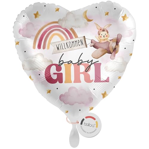 balloa Folienballon XXL Geburt Baby Girl Willkommen Mädchen, Herz Luftballon Geschenk zur Geburt, Helium Ballon Babyparty Deko Geburtstagsdeko Babyshower Party Dekoration wiederbefüllbar 53cm von balloa