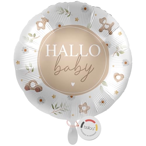 balloa Folienballon XXL Hallo Baby, Helium Ballon zur Geburt, Geschenk zur Geburt, Babyparty Dekoration neutral, geeignet für Jungen und Mädchen, Luftballon rund 53cm von balloa