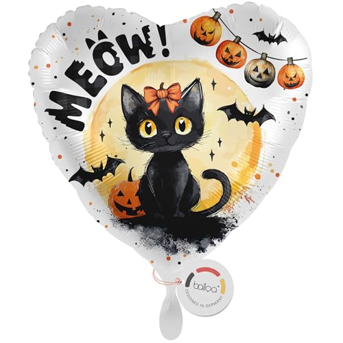 balloa Folienballon XXL Halloween Black Cat, Herzballon mit Kürbis und Fledermäusen, Helium geeignet Luftballon, Halloweendeko für Kinder und Erwachsene, Partydeko Halloweenparty schwarz, 53cm von balloa