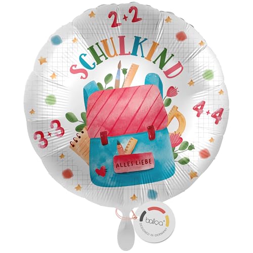 balloa Folienballon XXL Schulkind, großer Helium Ballon zur Einschulung mit Schulranzen Motiv und Rechenaufgaben, Geschenk für Mädchen oder Jungen, befüllbar mit Luft oder Helium, Deko, 53cm von balloa