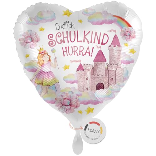 balloa Folienballon XXL Schulkind, großer Herz Helium Ballon zur Einschulung mit Prinzessin Motiv und Regenbogen, Geschenk für Mädchen, Deko zum Schulanfang, befüllbar mit Luft oder Helium, 53cm von balloa