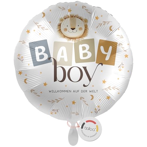 balloa Folienballon XXL rund, Helium Ballon Geburt Junge, Geschenk Geburt Baby Boy, Babyparty Deko Junge, Luftballon Baby Willkommen, Motiv Löwe bedruckt blau braun Junge, 53cm von balloa