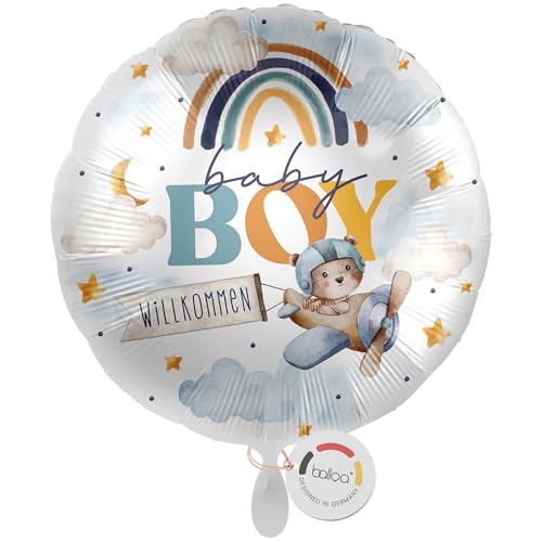 balloa Folienballon XXL rund, Helium Ballon Geburt Junge, Geschenk Geburt Baby Boy, Babyparty Deko Junge, Luftballon Willkommen Baby, Motiv Flugzeug Regenbogen blau bunt bedruckt, 53cm von balloa