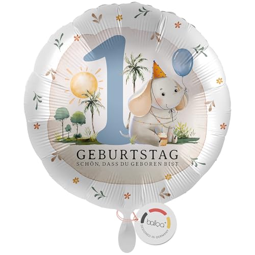 balloa Folienballon zum 1 Geburtstag, Geschenkidee für Kinder mit Safari Elefant Motiv, Helium Ballon für Junge oder Mädchen, Luftballon zur Babyparty, Tierwelt Geburtstagsdekoration, 33cm balloa Folienballon zum 1 Geburtstag, Geschenkidee für Kinder mit Safari Elefant Motiv, Helium Ballon für Junge oder Mädchen, Luftballon zur Babyparty, Tierwelt Geburtstagsdekoration, 33cm von balloa