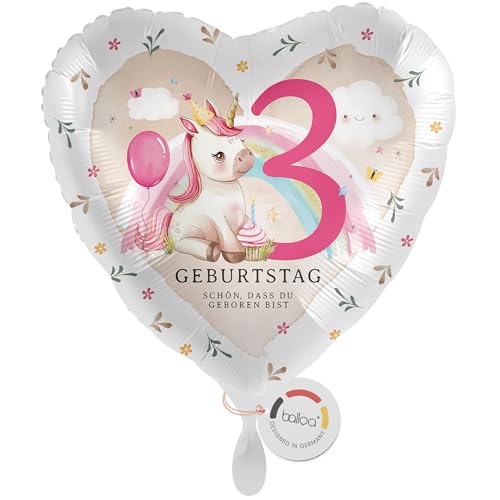 balloa Folienballon zum 3 Geburtstag, Geschenkidee Kinderparty Einhorn Herzballon, Helium geeignet Luftballon, Deko Highlight für Mädchen, zauberhafte Geburtstagsdekoration für Kindergeburtstag, 33cm balloa Folienballon zum 3 Geburtstag, Geschenkidee Kinderparty Einhorn Herzballon, Helium geeignet Luftballon, Deko Highlight für Mädchen, zauberhafte Geburtstagsdekoration für Kindergeburtstag, 33cm von balloa