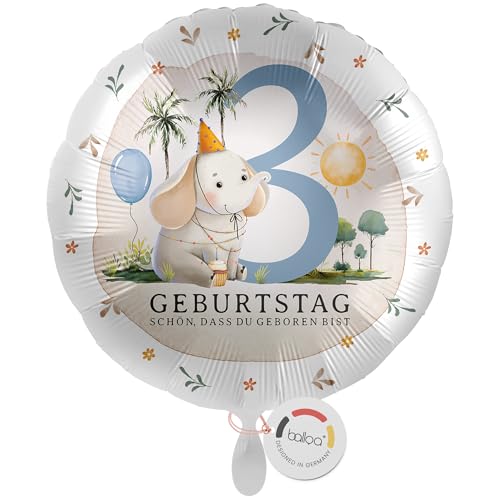 balloa Folienballon zum 3 Geburtstag, Geschenkidee Kinderparty mit Elefant Safari Motiv, Helium geeignet Luftballon rund, Deko Highlight für Jungen oder Mädchen, Geburtstagsdekoration, 33cm balloa Folienballon zum 3 Geburtstag, Geschenkidee Kinderparty mit Elefant Safari Motiv, Helium geeignet Luftballon rund, Deko Highlight für Jungen oder Mädchen, Geburtstagsdekoration, 33cm von balloa