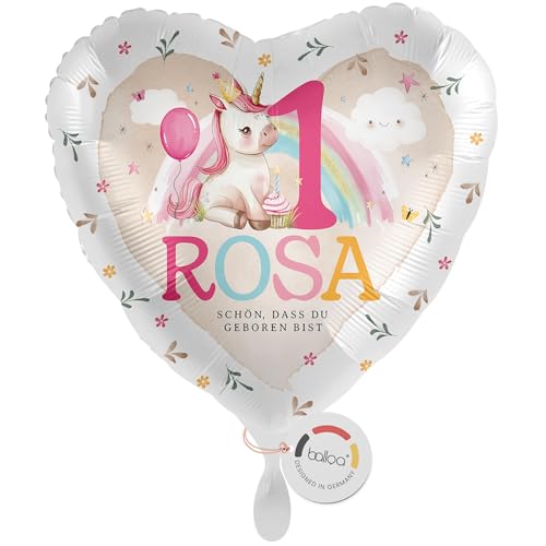 balloa Personalisierter Ballon XXL mit Namen, Geschenk zum 1. Geburtstag, Herzballon Einhorn mit Wunschnamen, Helium geeignet Luftballon, Deko Geschenkidee für Mädchen, Geburtstagsdekoration, 53cm von balloa