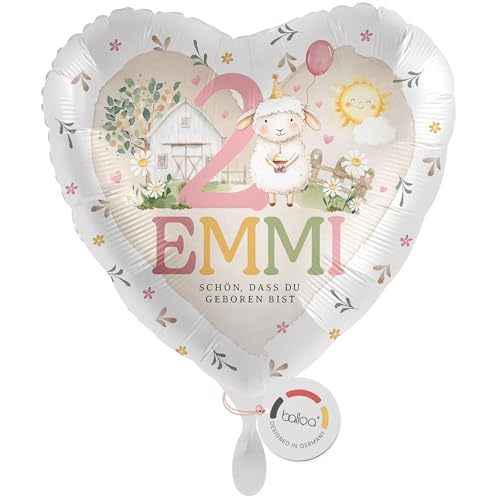 balloa Personalisierter Ballon XXL mit Namen, Geschenk zum 2. Geburtstag, Herzballon Bauernhof Schaf mit Wunschnamen, Helium geeignet Luftballon, Geschenkidee für Mädchen, Geburtstagsdekoration, 53cm von balloa