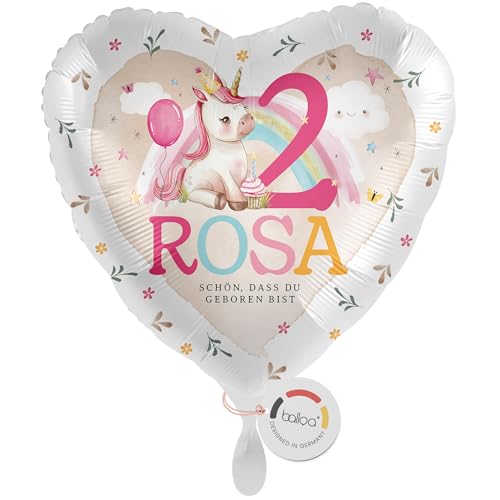 balloa Personalisierter Ballon XXL mit Namen, Geschenk zum 2. Geburtstag, Herzballon Einhorn mit Wunschnamen, Helium geeignet Luftballon, Deko Geschenkidee für Mädchen, Geburtstagsdekoration, 53cm von balloa