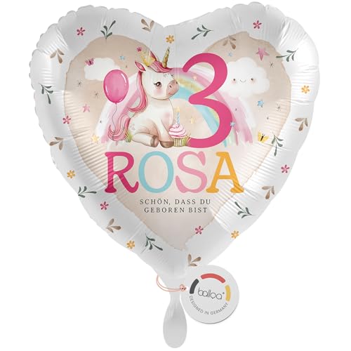 balloa Personalisierter Ballon XXL mit Namen, Geschenk zum 3. Geburtstag, Herzballon Einhorn mit Wunschnamen, Helium geeignet Luftballon, Deko Geschenkidee für Mädchen, Geburtstagsdekoration, 53cm von balloa