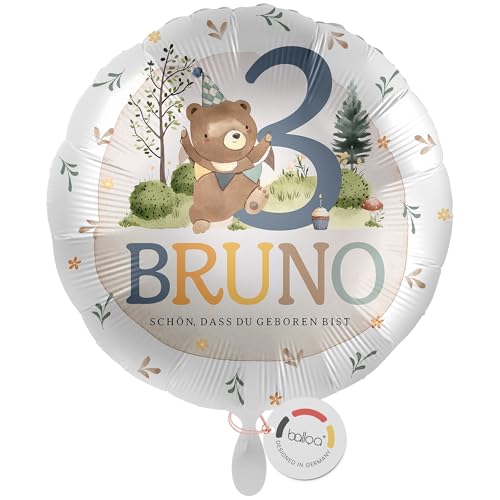balloa Personalisierter Ballon XXL mit Namen, Geschenk zum 3. Geburtstag, Teddybär Namensballon für Kindergeburtstag, Helium geeignet Luftballon, Partydeko Junge Mädchen, Geburtstagsdekoration, 53cm von balloa