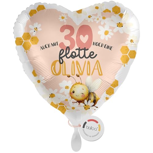 balloa Personalisierter Ballon XXL mit Namen, personalisiertes Geschenk zum 30. Geburtstag, Herzballon mit Wunschtext, Helium Luftballon Folienballon, Deko Zahl 30, Geschenkidee für Frauen, 53cm von balloa