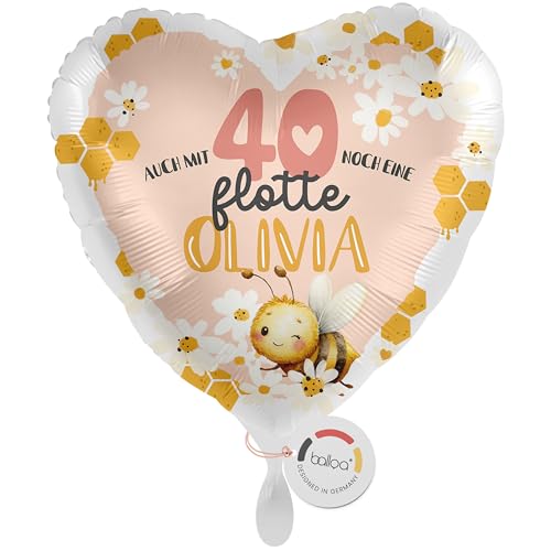 balloa Personalisierter Ballon XXL mit Namen, personalisiertes Geschenk zum 40. Geburtstag, Herzballon mit Wunschtext, Helium Luftballon Folienballon, Deko Zahl 40, Geschenkidee für Frauen, 53cm von balloa