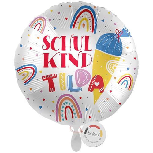 balloa Personalisierter Ballon XXL mit Namen, personalisiertes Geschenk zur Einschulung, Heliumballon Schulkind, Folienballon mit Regenbogen und Schultüte, Einschulungsdeko Mädchen Junge, 53cm von balloa
