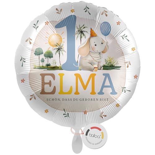 balloa Personalisierter Ballon mit Namen, Geschenk zum 1. Geburtstag, Elefant Namensballon für Safari oder Mottoparty, Helium geeignet Luftballon, Partydeko Kindergeburtstag Mädchen Junge, 33cm von balloa