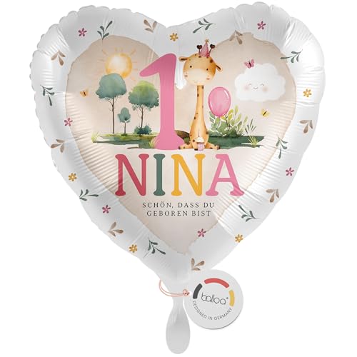 balloa Personalisierter Ballon mit Namen, Geschenk zum 1. Geburtstag, Folienballon Giraffe Safari Mottoparty, Helium geeignet Luftballon, Deko für Kindergeburtstag, Geburtstagsdekoration, 33cm von balloa