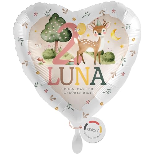 balloa Personalisierter Ballon mit Namen, Geschenk zum 2. Geburtstag, Herzballon Reh mit Wunschnamen, Helium geeignet Luftballon, Deko Geschenkidee für Mädchen, Geburtstagsdekoration, 33cm von balloa
