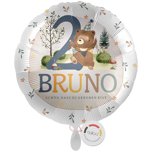 balloa Personalisierter Ballon mit Namen, Geschenk zum 2. Geburtstag, Teddybär Namensballon für Kindergeburtstag, Helium geeignet Luftballon, Partydeko Junge Mädchen, Geburtstagsdekoration, 33cm von balloa
