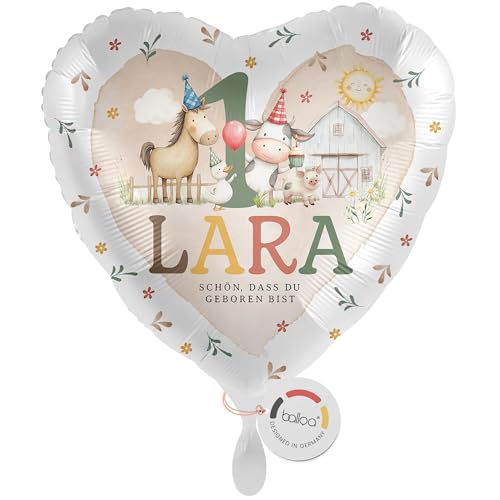 balloa Personalisierter Folienballon XXL mit Namen, Geschenk zum 1. Geburtstag, Bauernhof Namensballon mit Wunschtext, Helium geeignet Luftballon, Partydeko Kindergeburtstag Mädchen Junge, 53cm von balloa