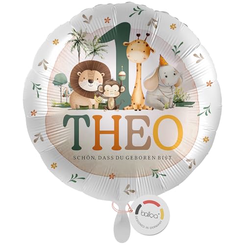 balloa Personalisierter Folienballon XXL mit Namen, Geschenk zum 1. Geburtstag, Safari Tiere Namensballon mit Wunschtext, Helium geeignet Luftballon, Partydeko Kindergeburtstag Junge Mädchen, 53cm von balloa