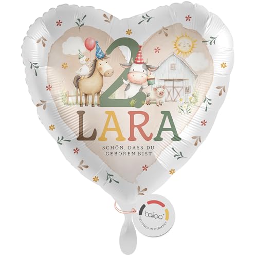 balloa Personalisierter Folienballon mit Namen, Geschenk zum 2. Geburtstag, Bauernhof Namensballon mit Wunschtext, Helium geeignet Luftballon, Partydeko Kindergeburtstag Mädchen Junge, 33cm von balloa
