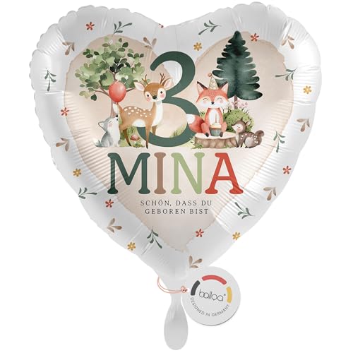 balloa Personalisierter Folienballon mit Namen, Geschenk zum 3. Geburtstag, Waldtiere Herzballon mit Wunschtext, Helium geeignet Luftballon, Partydeko Kindergeburtstag Junge Mädchen, 33cm von balloa