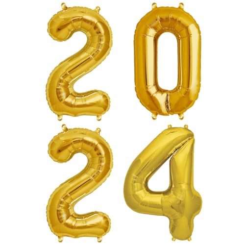 ballonfritz® Ballon Zahl 2024 Set in Silber/Gold - XXL 40"/102cm - Folienballons für Luft oder Helium als Geburtstag Geschenk oder Silvester Party Dekoration (Gold) von ballonfritz
