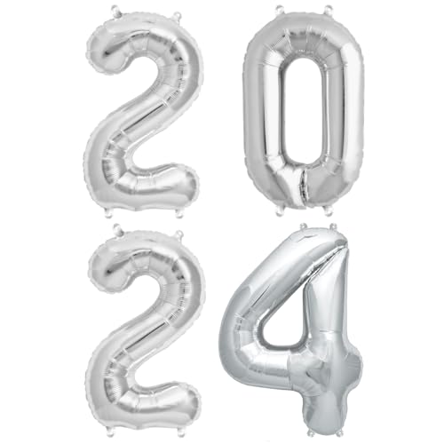 ballonfritz® Ballon Zahl 2024 Set in Silber/Gold - XXL 40"/102cm - Folienballons für Luft oder Helium als Geburtstag Geschenk oder Silvester Party Dekoration (Silber) von ballonfritz