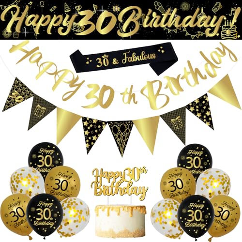 Dekorationsset zum 30. Geburtstag, 18-teiliges schwarz-goldenes Ballon-Set mit Bannern, Kuchendekoration, Dreiecksflaggen, Schwarzgold- und Pailletten-Ballons, Schärpe für Männer und Frauen Dekorationsset zum 30. Geburtstag, 18-teiliges schwarz-goldenes Ballon-Set mit Bannern, Kuchendekoration, Dreiecksflaggen, Schwarzgold- und Pailletten-Ballons, Schärpe für Männer und Frauen von balloon garland