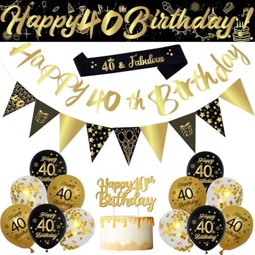 Dekorationsset zum 40. Geburtstag, 18-teiliges schwarz-goldenes Ballon-Set mit Schärpe, Banner, Dreiecksflaggen, Kuchendekoration, Schwarzgold und Pailletten-Ballons für Männer und Frauen Dekorationsset zum 40. Geburtstag, 18-teiliges schwarz-goldenes Ballon-Set mit Schärpe, Banner, Dreiecksflaggen, Kuchendekoration, Schwarzgold und Pailletten-Ballons für Männer und Frauen von balloon garland