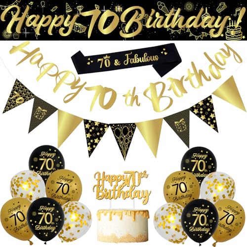 Dekorationsset zum 70. Geburtstag, 18-teiliges schwarz-goldenes Ballon-Set mit Schärpe, Banner, Dreiecksflaggen, Kuchendekoration, Schwarzgold und Pailletten-Ballons für Männer und Frauen Dekorationsset zum 70. Geburtstag, 18-teiliges schwarz-goldenes Ballon-Set mit Schärpe, Banner, Dreiecksflaggen, Kuchendekoration, Schwarzgold und Pailletten-Ballons für Männer und Frauen von balloon garland