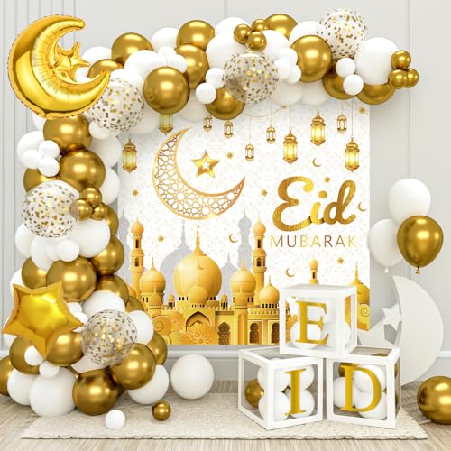 Gold und Weiß Eid Mubarak Ballons Set, Eid Mubarak Dekoration für Heim - 96 Stück Weiß Gold Dekoration mit 'Eid Mubarak' Hintergrund Banner und Eid Ballonbox, Ramadan Dekorations für Eid Mubarak Feier Gold und Weiß Eid Mubarak Ballons Set, Eid Mubarak Dekoration für Heim - 96 Stück Weiß Gold Dekoration mit 'Eid Mubarak' Hintergrund Banner und Eid Ballonbox, Ramadan Dekorations für Eid Mubarak Feier von balloon garland