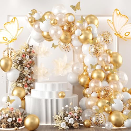 Luftballon Girlande Gold Weiß mit Schmetterlings Aufkleber, 104 Stück Weiß Transparent Gold Ballon Girlande mit Gold Konfetti Ballons für Hochzeit, Geburtstag, Babyparty, Geschlecht Reveal Dekoration von balloon garland