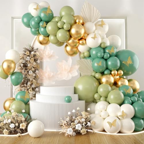 Luftballon Girlande Grün mit Schmetterlings Aufkleber,101 Stück Luftballon Girlande Grün Geburtstag mit Sage Green Gold Beige Ballons für Baby Shower Babyparty Geburtstag Party Hochzeit Deko von balloon garland