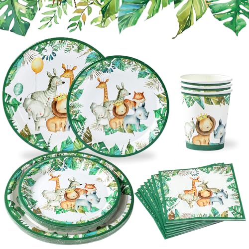 Partygeschirr Set mit Dschungel Safari Thema für 24 Gäste, Partyzubehör für Kindergeburtstage, 96 Pappteller und Serviettenbecher, Partygeschirr für Babyparty, Jungen und Mädchen Geburtstag Partydekor von balloon garland