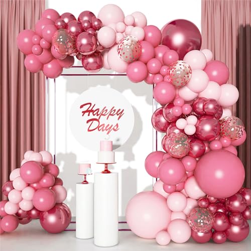 Retro Rosa Luftballons Girlande, 106Stk Hot Pinke Rot balloon Girlande Set, Rosa Ballon Bogen mit Konfetti Ballon für Frau Mädchen Geburtstag Party Dekoration, Brautparty Babyparty, Hochzeit Verlobung von balloon garland