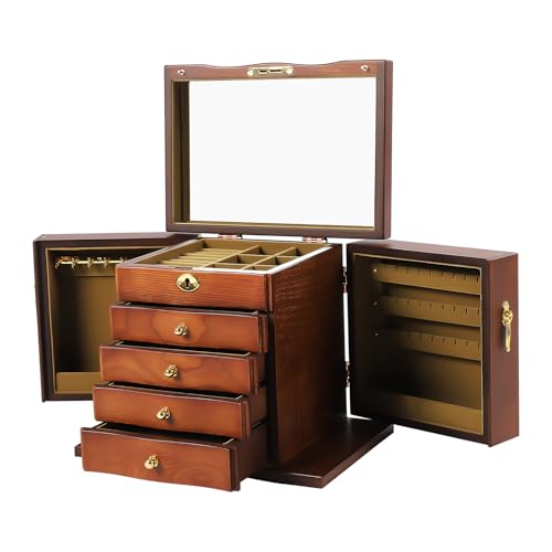 banborba Antike Schmuckkästchen mit Schloss, Schmuckkästchen aus Holz für Frauen, 5 Schichten Schmuckschatulle Schmuckkoffer mit Spiegel für Schmuck, Halsketten, Ringe von banborba