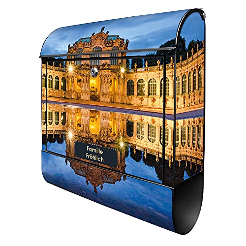 banjado® Design Briefkasten personalisiert Zwinger Dresden 38,5x46,5x13cm & 2 Schlüssel - Briefkasten Stahl schwarz Zeitungsfach pulverbeschichtet - Postkasten A4 Einwurf inkl. Montagematerial von banjado