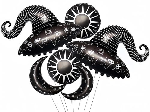 Hexenhut-Ballons mit Sonnenmond-Motiv, 104,1 cm, Schwarz, Halloween-Party-Dekoration, magisches Hexen-Thema, Gothic-Geburtstag, Astrologie, himmlische Feier, Halloween-Partyzubehör von baoonworlld