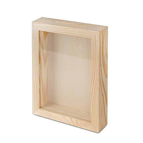 BAS Spardose Holzspardose zum Basteln und Dekorieren Geldgeschenk Sparbüchse Holz-Rahmen mit Sichtfenster,Bilderrahmen zum Befüllen (Rechteck-sentkrecht), Einheitsgröße von BAS