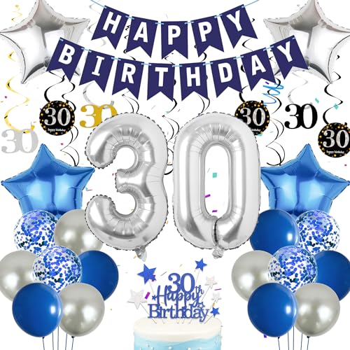 30 Geburtstag Blau Silber Dekorationen - 53 Stück 30 Geburtstag Party Dekor Happy Birthday Banner Nummer 30 Folienballon Swirl Latex Ballons Kuchen Topper für Männer 30 Blau Silber Geburtstagsfeier von batnite