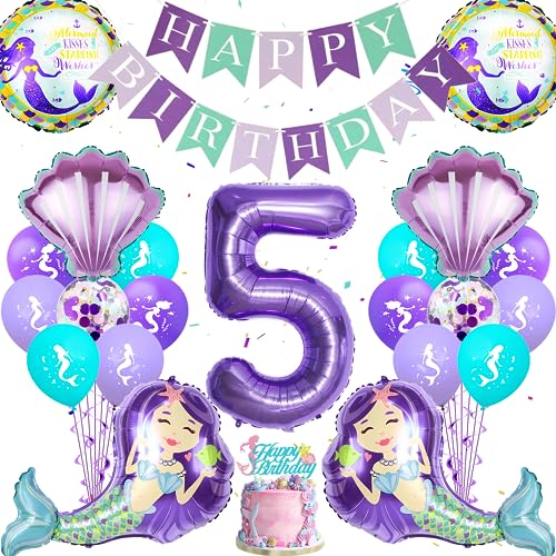 37 Stück Meerjungfrau Geburtstag Deko für Mädchen, Meerjungfrau Party Deko mit Happy Birthday Banner, XXL lila Zahlen 5 | Meerjungfra Folienballon, Latexballoon, Tortendeko und Muschel Ballons von batnite