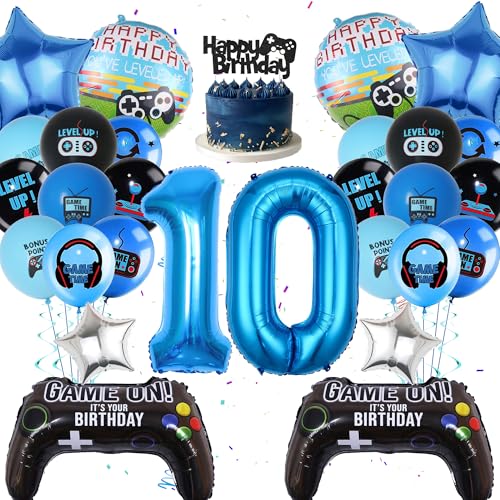 Videospiel Geburtstags Deko Für Jungen - 10.Geburtstagsdeko, 10 Zahlen Ballon Blaue Kuchenaufsatz Game Controller Folienballon Coolen Latex Luftballons Für Kinder Game Thema Party Dekoration von batnite