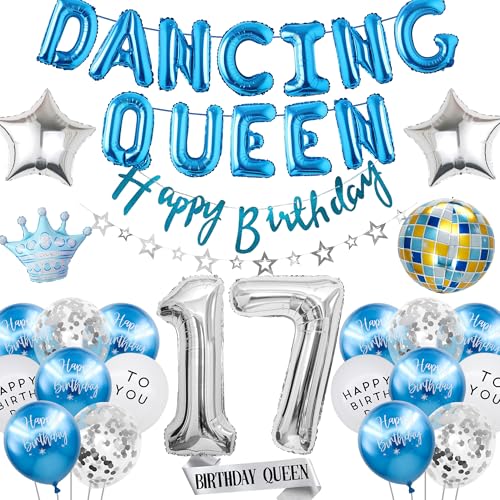 Dancing Queen 17 Geburtstag Dekorationen - 42 Stück Mädchen Partyzubehör Blau Silber für Jung und Süß Nur 17, Zahl Krone Disco Folienballon Stern Girlande Banner Queen Schärpe von batnite