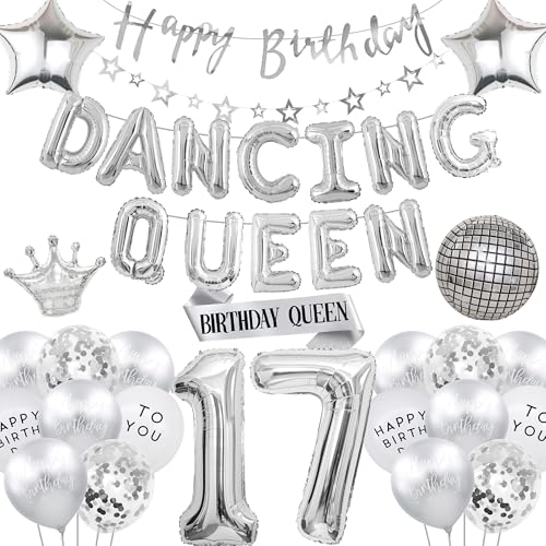 Dancing Queen 17 Geburtstag Dekorationen - 42 Stück Mädchen Partyzubehör Silber für Jung und Süß Nur 17, Zahlenkrone Disco Folienballon Stern Girlande Banner Queen Schärpe von batnite