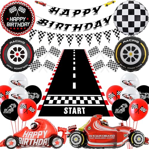 Rennwagen Geburtstag Party Dekorationen Junge, 54 Stück Auto Geburtstagsdeko Happy Birthday Banner Rennen Ballons Zielflagge Wimpel Wheels Folienballon Racetrack Boden für Kinder Sport Geburtstag Deko von batnite