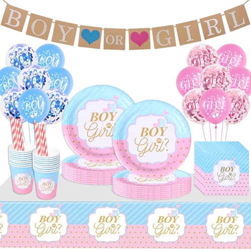 Baby Shower Gender Reveal Partygeschirr - 95 Stück Baby Party Ballon Deko, Boy or Girl Geschirr BannerServietten Pappteller für Mädchen Jungen Babyparty Geburtstag Dekoration von batnite